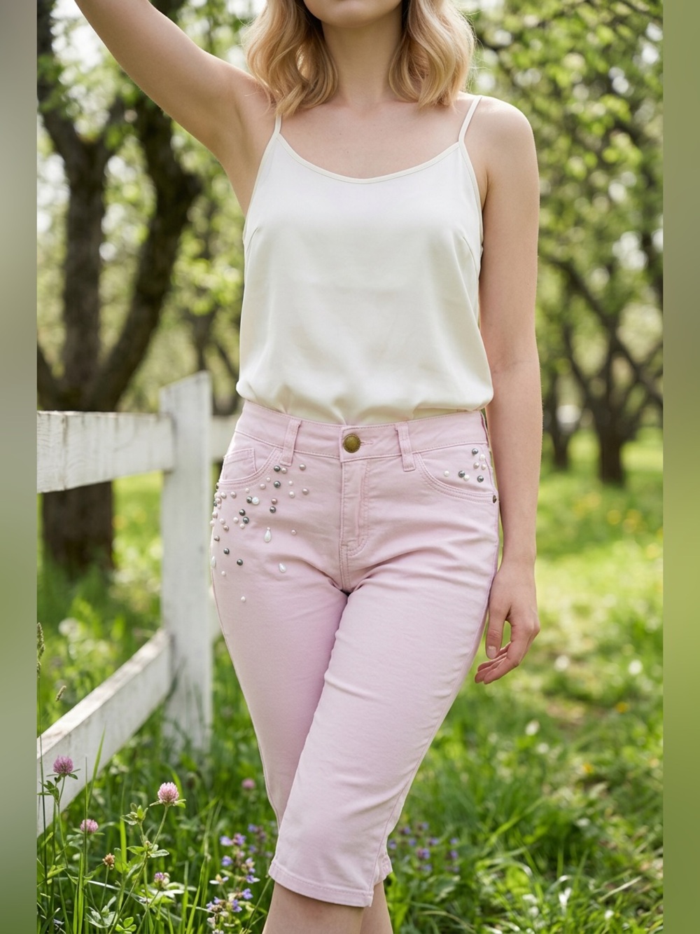 ReCreation Women’s Embellished Cropped Stretch Jeans Slim Soft Pink Size 8